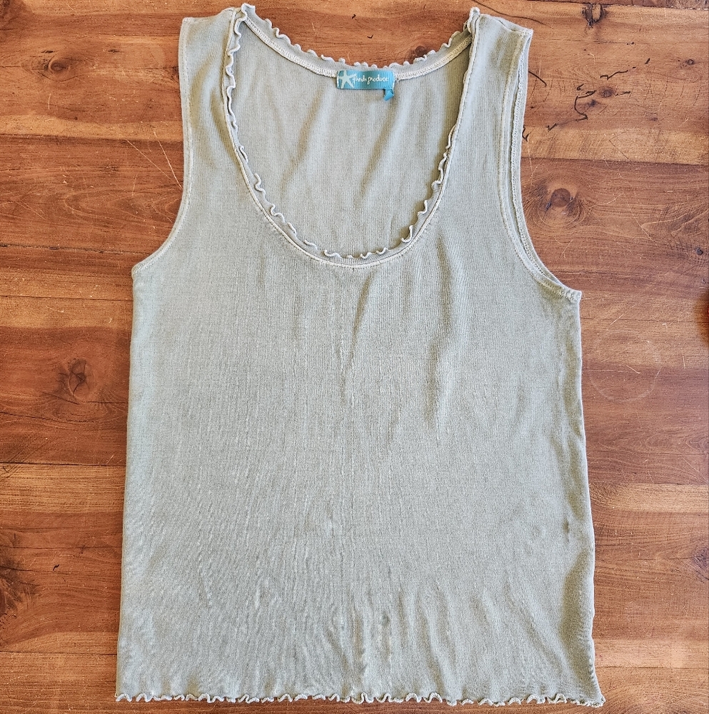 Fresh Produce Tank Top Size Large 100% Cotton Solid Khaki Green Made In USA